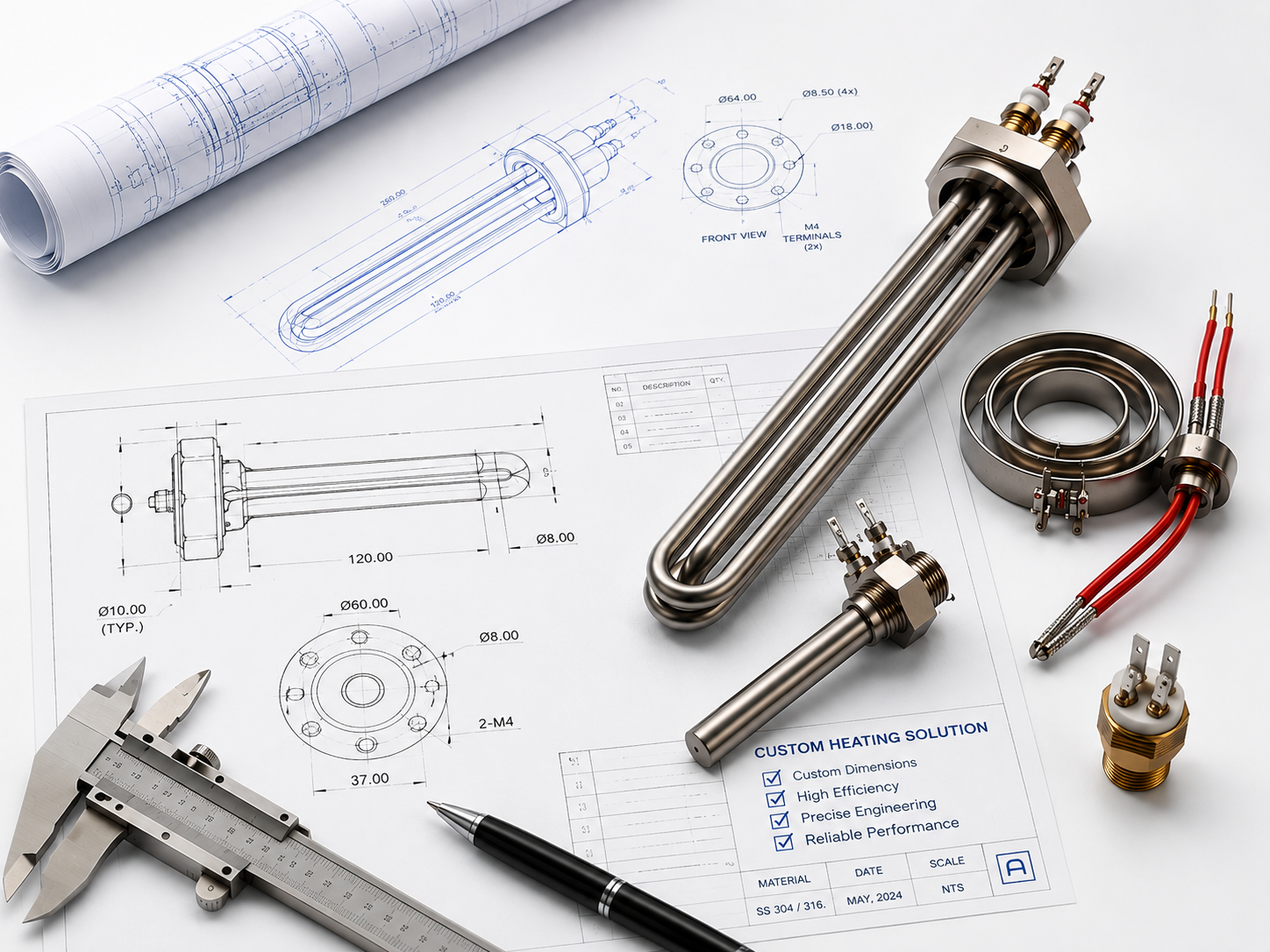 Custom heating element engineering drawing and specification sheet
